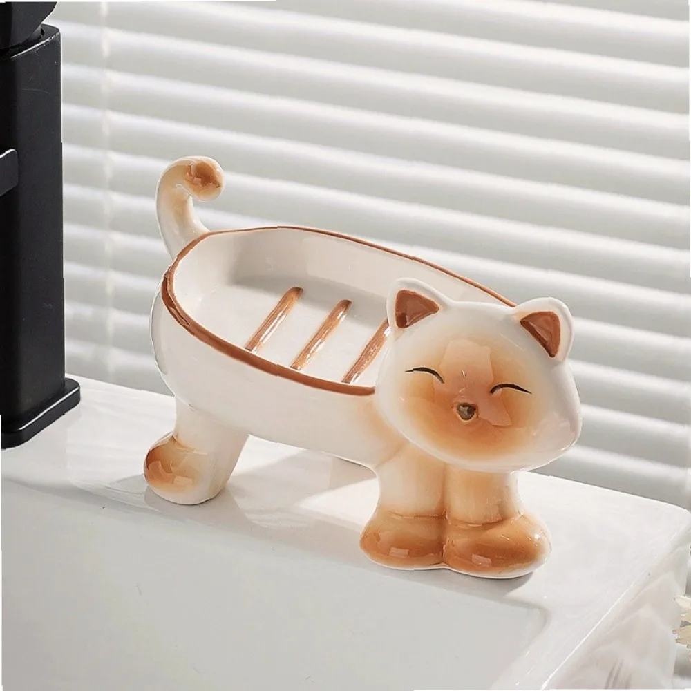 Creative Siamese Cat Ceramic Soap Dish Drainer Rack Bathroom Soap Holder Factory Direct High Quality