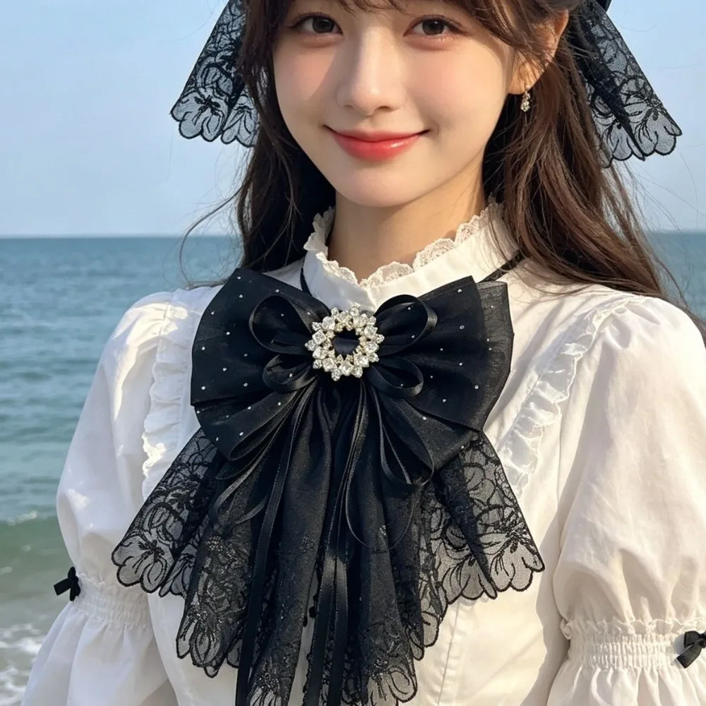 Fantasy Rhinestone Lace Bow Tie Collar Flower Lolita Cosplay JK Shirt Everyday Women's Dress Handmade Corsage Brooch Accessory