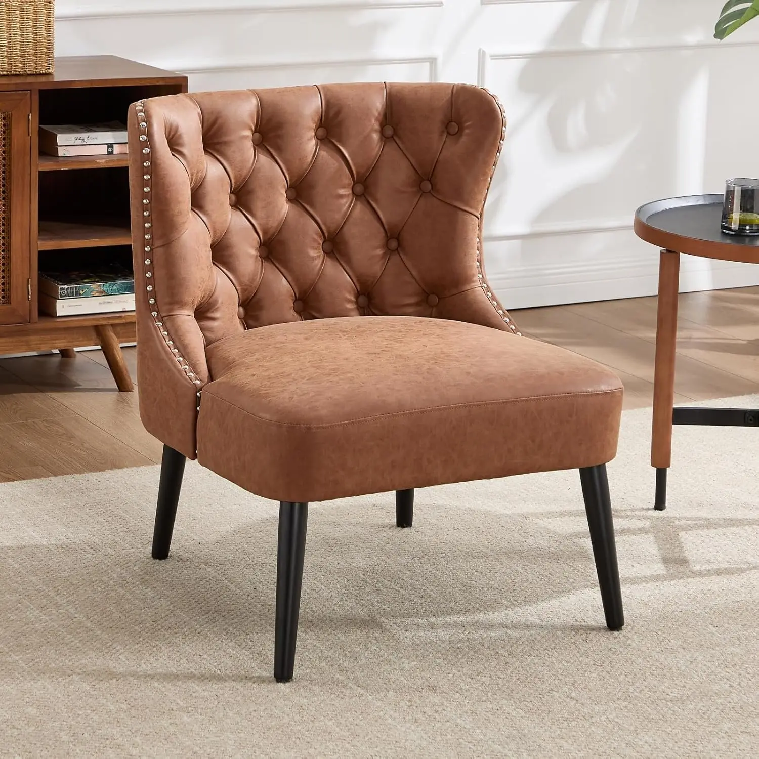 Tufted Slipper Accent Chair, Faux Leather Armless Wingback Living Room Bedroom Office Side Chair Brown PU, Customized