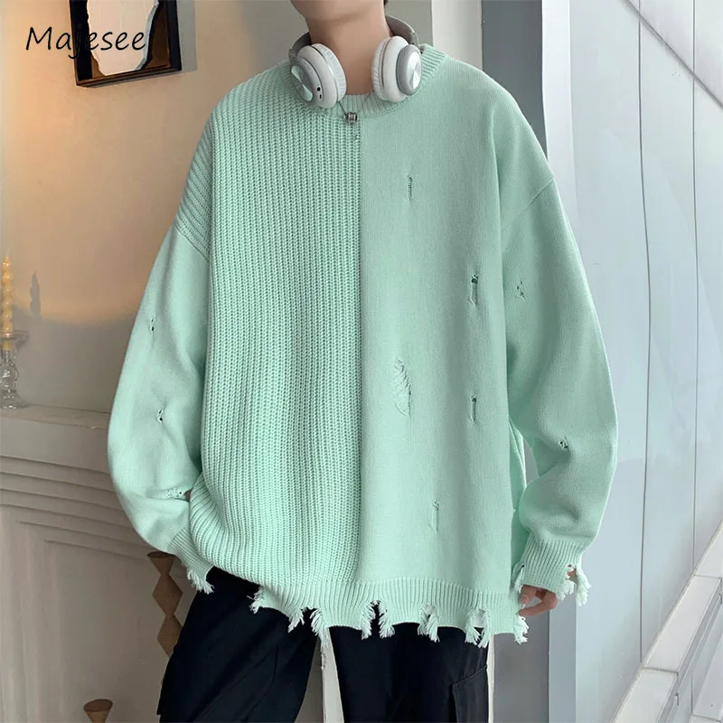 

Pullovers Men Spliced Hole All-match O-neck High Street Warm Fashion Design Handsome Vintage Hip-hop Daily Youthful Students New