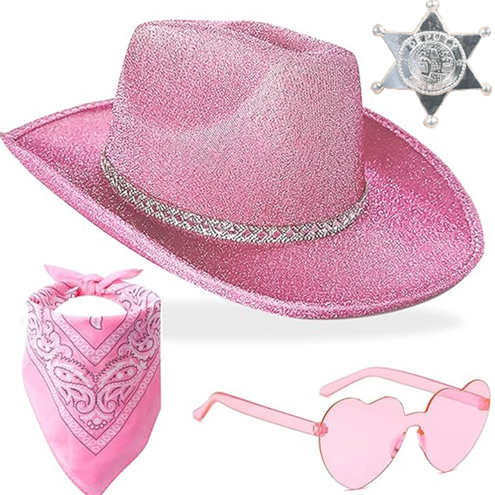 

Комплект из 4-х предметов, розовая укороченная Джинсовая Шляпа, фетровая шляпа, солнцезащитные очки и шарф, ковбойская шляпа в западном стиле