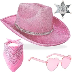 4-Piece Pink Feathered Denim Hat, Felt Hat, Sunglasses, and Scarf Western Cowboy Hat Set