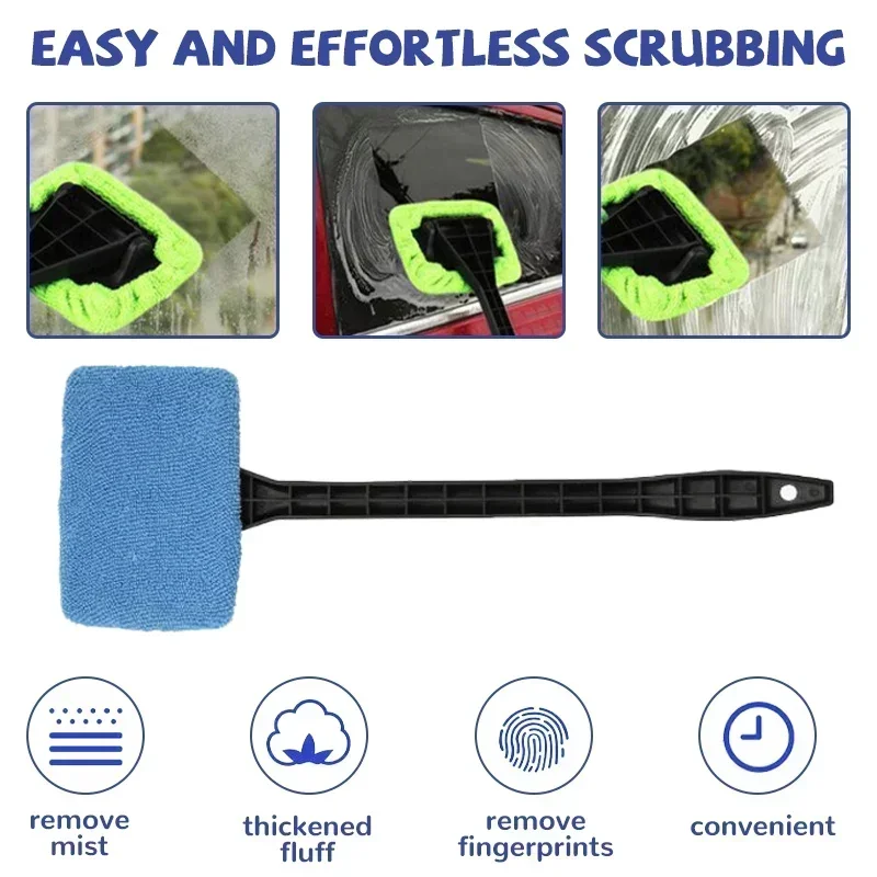 Car Glass Cleaning Kit Long Handle Interior and Exterior Cleaning Brush for Windshield and Windows with Defogging Function