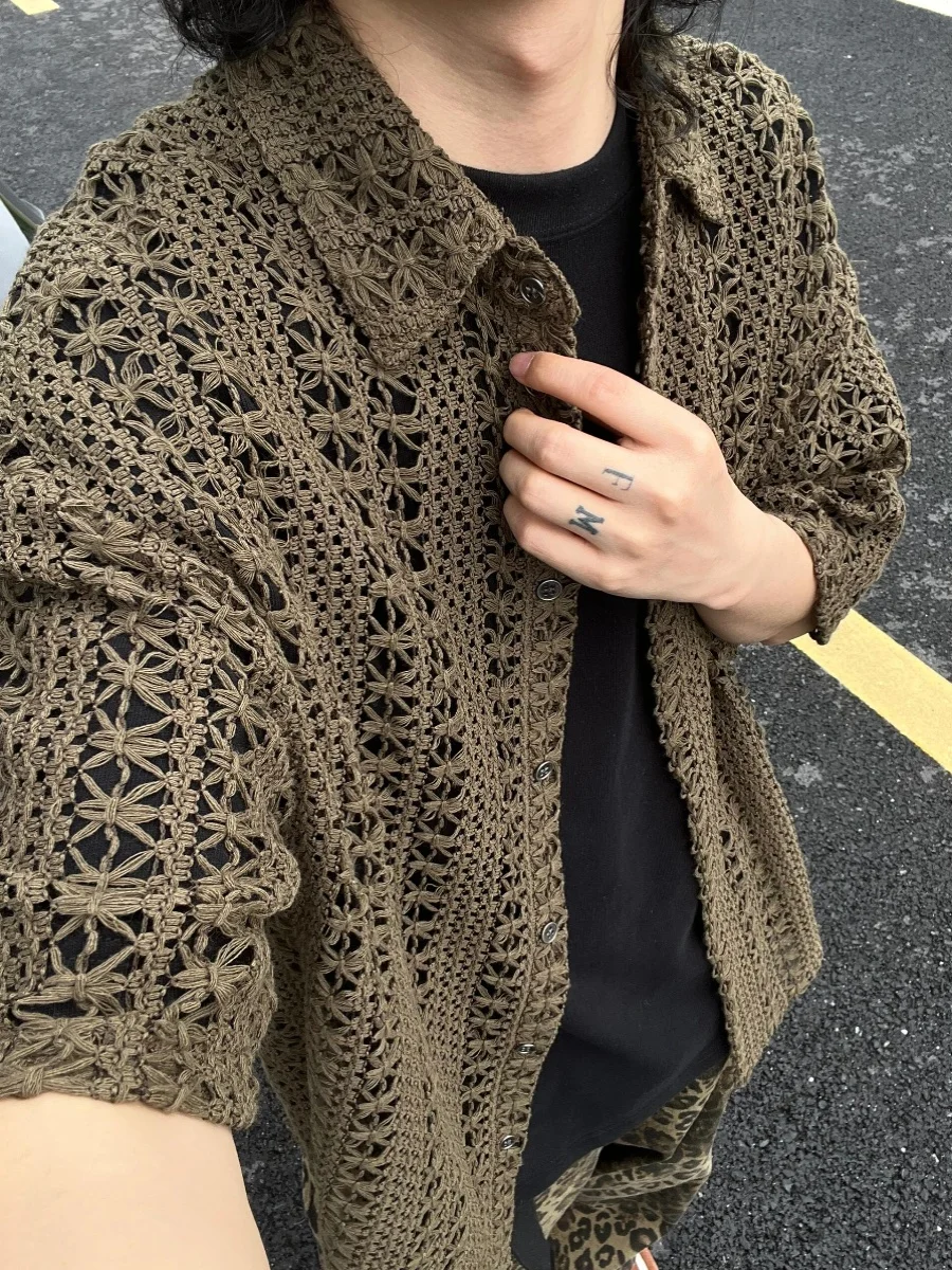 

Cleanfit Military een Hollow out Knitwear ort Sve Lightweight American Retro Vaion Sle Turn Collar f Sve Me...