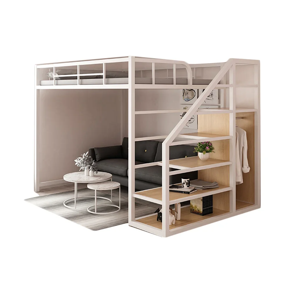 Modern Metal Loft Bunk Bed With Storage Apartment Dormitory Iron Bed Space-Saving Multifunctional Floor Bed Bedroom Furniture