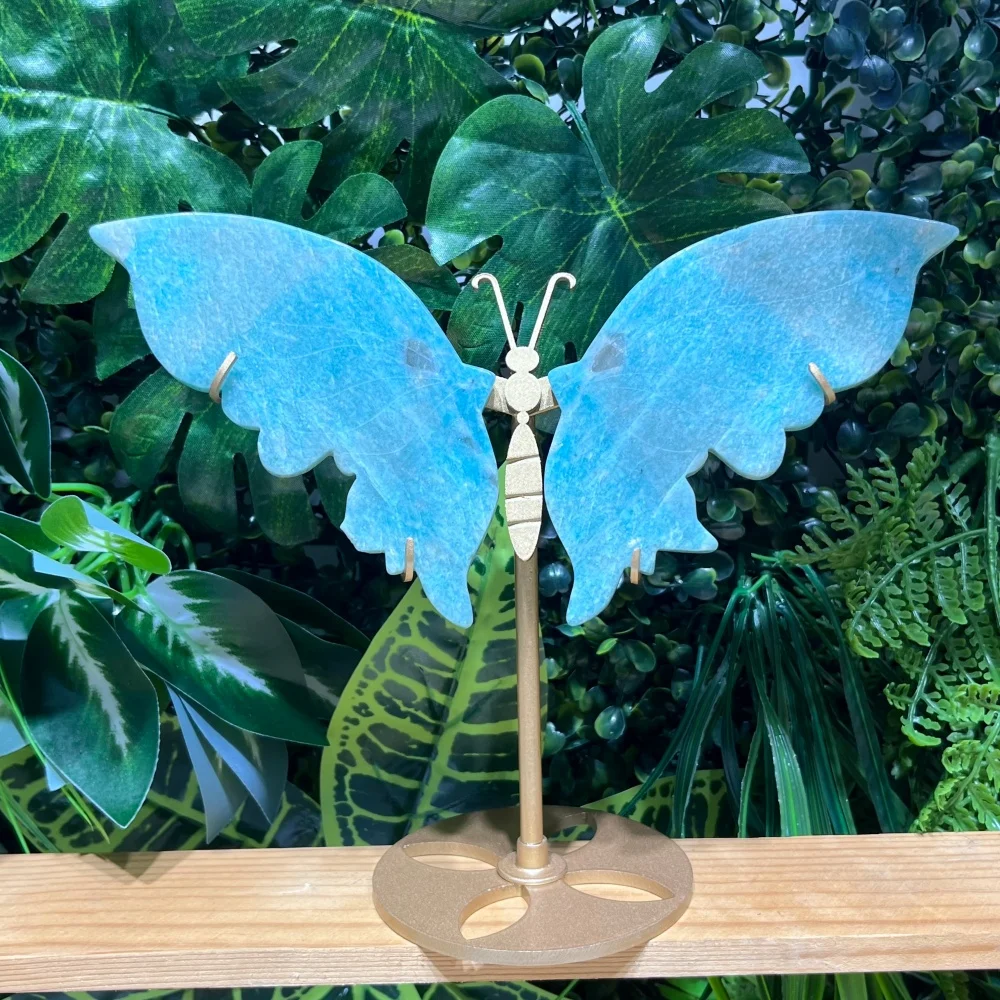 Natural Amazonite Butterfly Wings Statue with Metal Stand Crystal Butterfly Figurine Reiki Healing Stone Home Desk Ornament