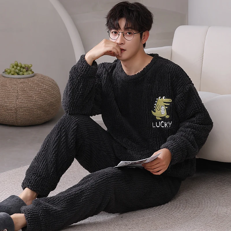 

Winter Coral Fleece Nightwear for Men 2pcs/set Flannel Homewear Young Boy Pjs Long Sleeves Trouser Sleepwear pajamas for men