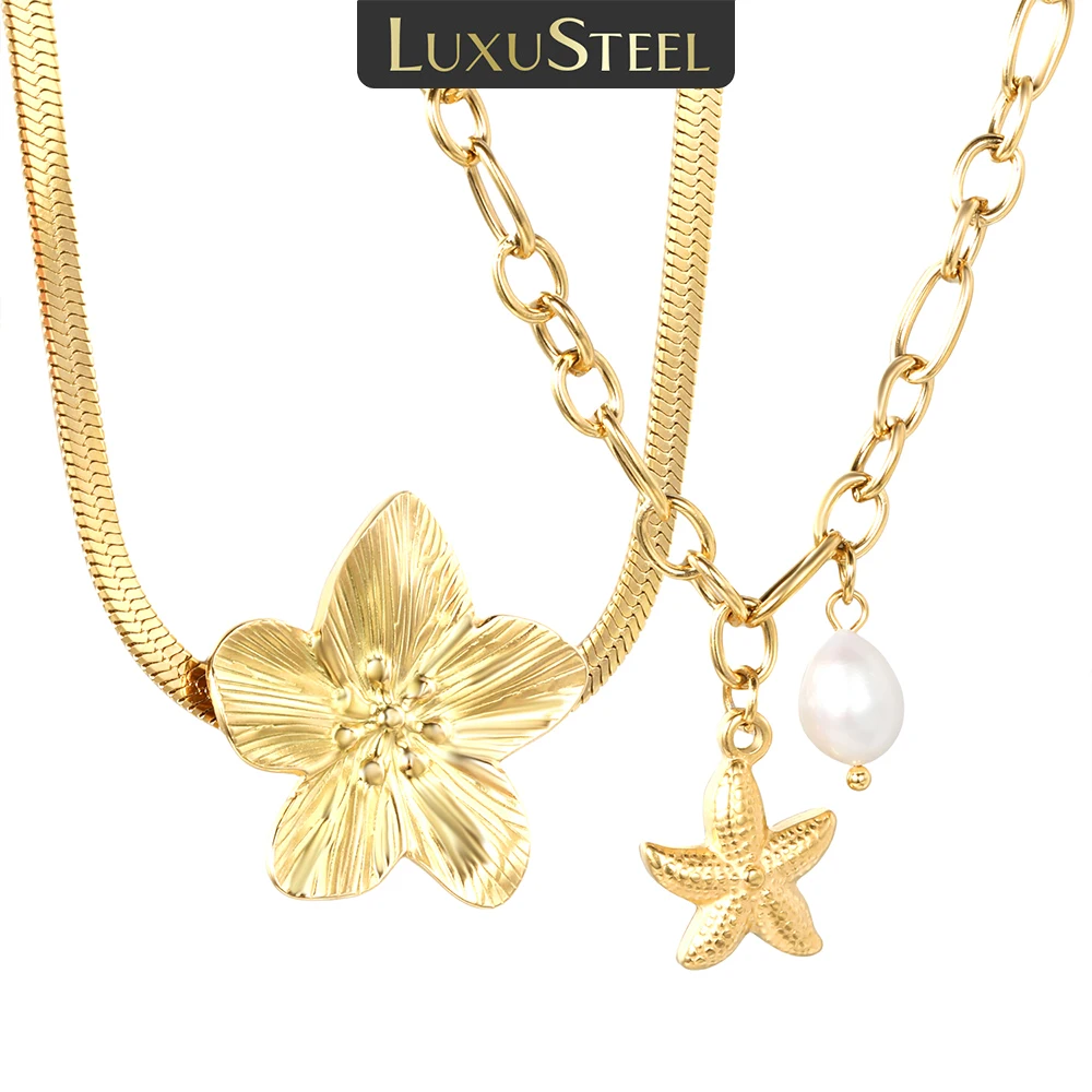 LUXUSTEEL Flower Chain Pendant For Women Girl Stainless Steel Starfish Imitaiton Pearl Female Necklace Snake Bone Chain Jewelry