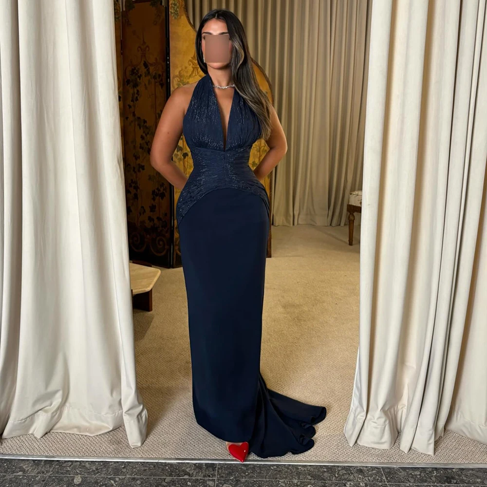 

Темно-синее вечернее платье из джерси с вырезом на бретельках по индивидуальному заказу, прямое вечернее платье без рукавов до щиколотки, платье для выпускного вечера
