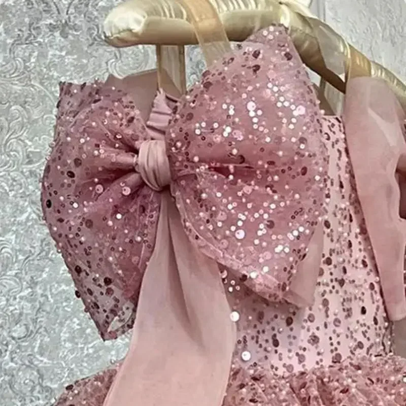 2025 Pink Sweet Cute Girl Princess Dress Sequin Bow Evening Dresses Newborn Baptismal Clothing New Square Neck Fluffy Vestidos