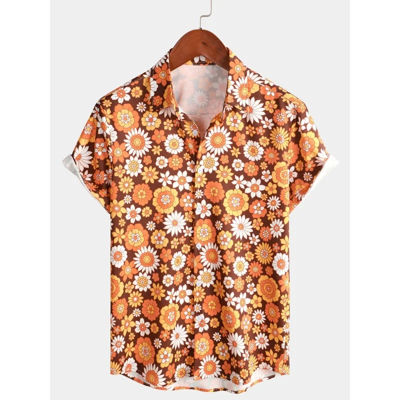 

Colorful Flower Deer Pattern Hawaiian Shirt For Men Gradient 3D Printed Short Sleeves Summer Loose Aloha Shirts Lapel Blouse Top