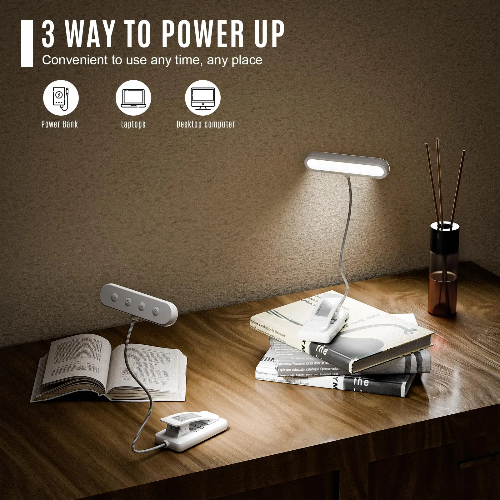 LQWELL®3× Nachttisch-Leselampe, wiederaufladbare USB-Leselampe, 3 Farbtemperaturen, 10 Helligkeitsstufen, stufenlos dimmbar, 360° flexibles Buchlicht für Kinder und Buchliebhaber (3 Stück)