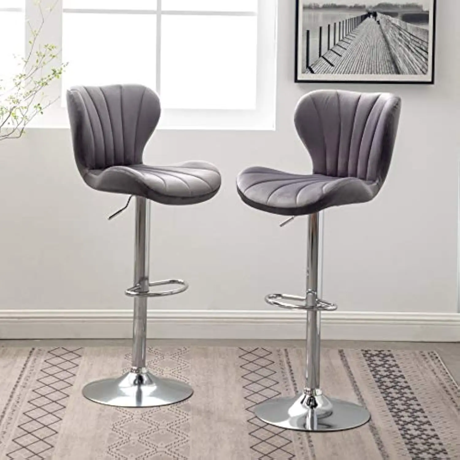 

Ellston Velvet Adjustable Swivel Barstools in Gray, Set of 2, Grey