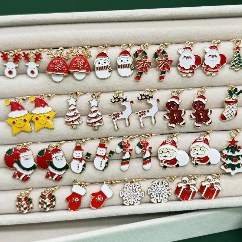 20Pairs Christmas Dangle Earrings Enamel Drop Santa Gingerbread Snowman Tree Snowflake Gift Box Holiday Ear Jewelry