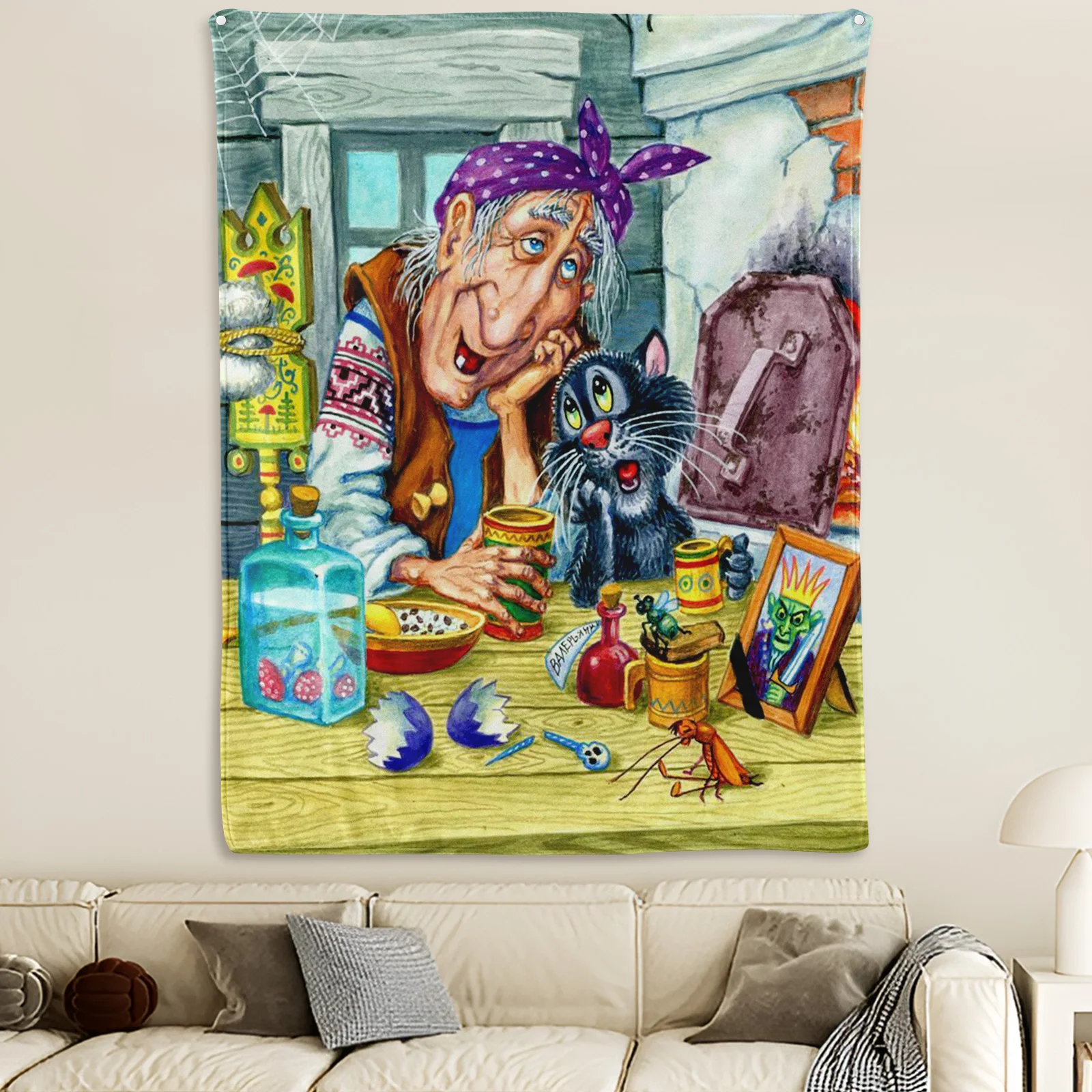 

Mystical Tapestry Blanket With Old Witch Cat Potion And Table Art For Elegant And Unique Home Ambiance