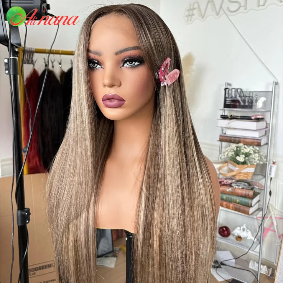 

Highlight Ash Brown Blonde Color Straight 13x4 Lace Frontal Wig PrePlucked Bleach Knot 5x5 Lace Closure Human Hair Wig For Women