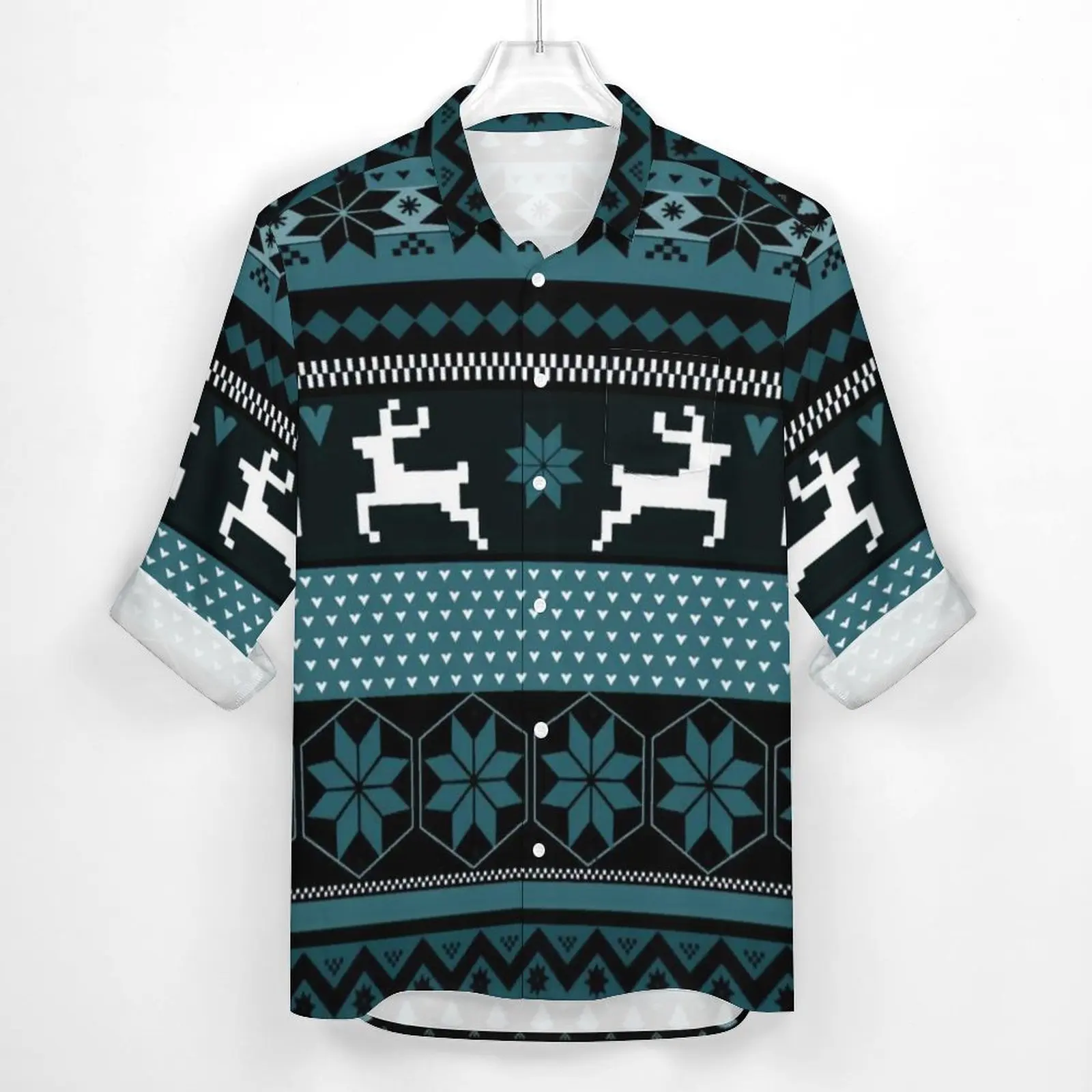 Christmas Nordic Animal Funny Casual Shirt Men Teal Fair Isle Print Shirt Autumn Vintage Blouses Long Sleeve Oversize Clothing