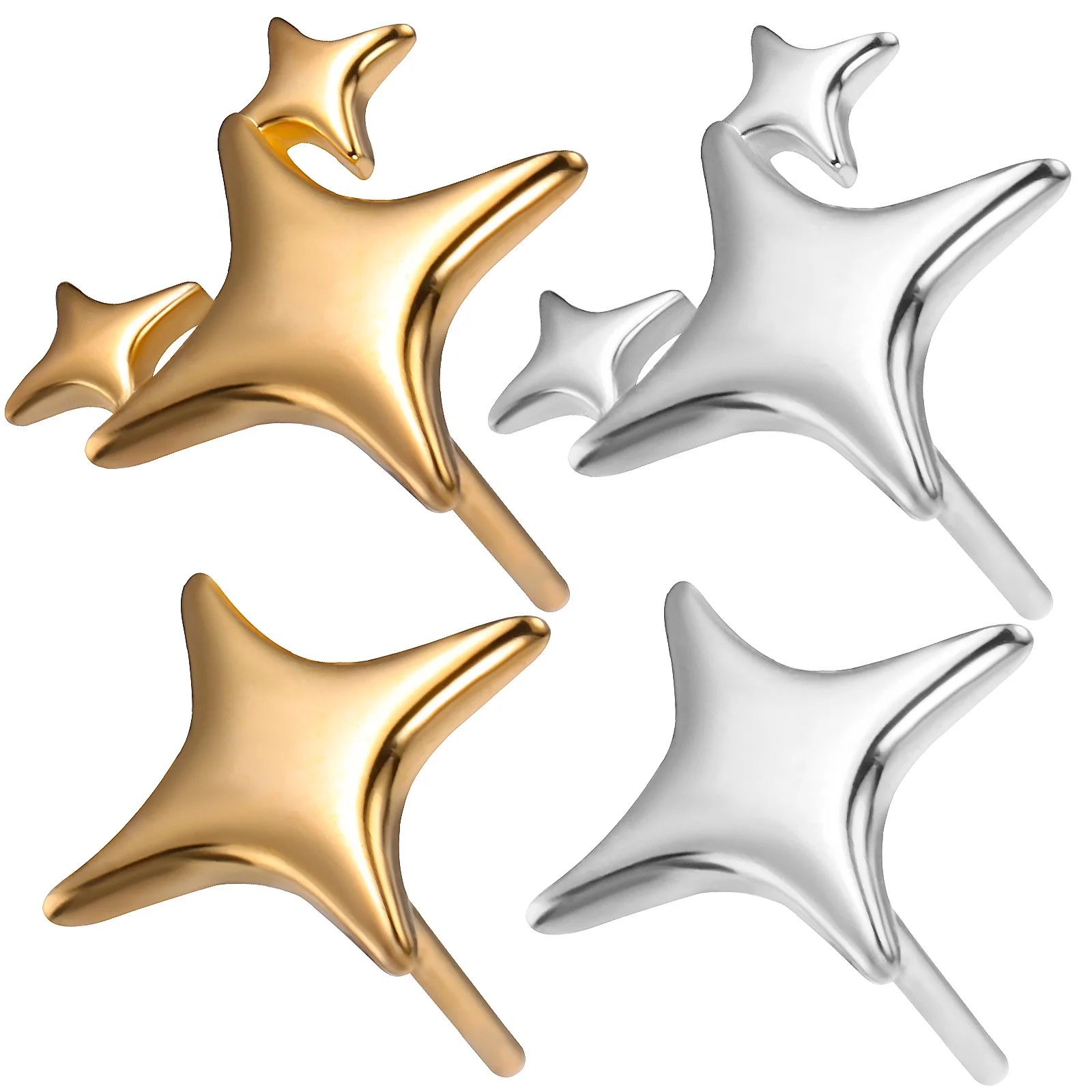 

2 Pairs Four pointed Star Earrings S925 Silver Asymmetric Studs White Gold Color Fashion For Women Daily Parties Jewelry