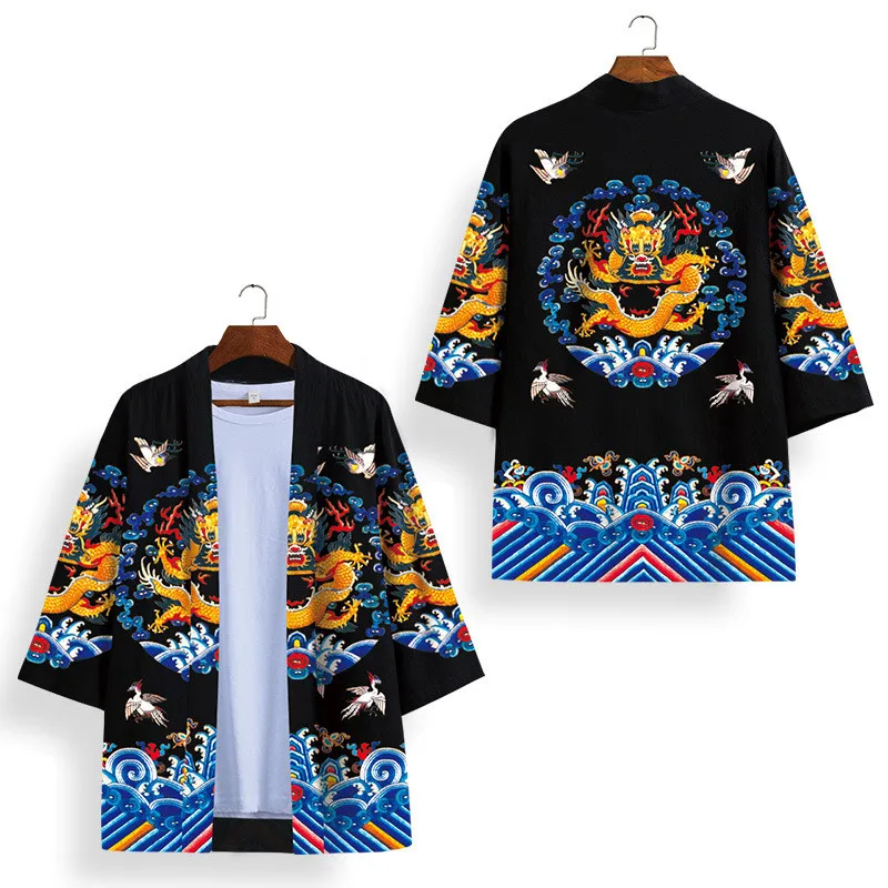 معطف رداء Daoist فضفاض غير رسمي مفتوح من الأمام على طراز الكيمونو، رداء Ukiyo-e على الطراز الصيني، أزياء يابانية فضفاضة