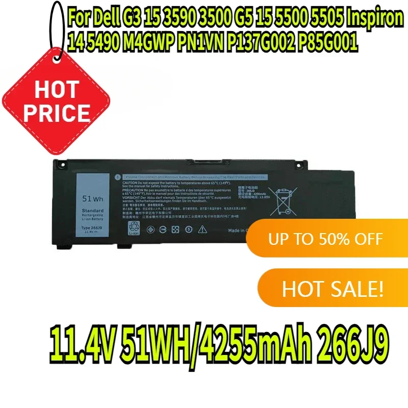 11.4V 51WH/4255mAh 266J9 Laptop Battery for Dell G3 15 3590 3500 G5 15 5500 5505 Inspiron 14 5490 M4GWP PN1VN