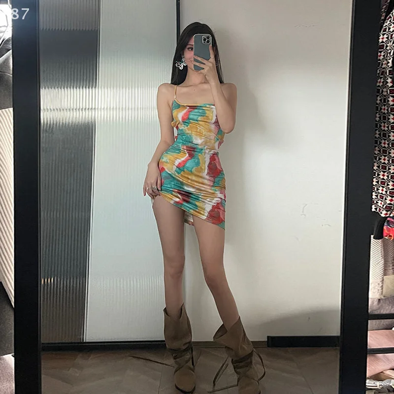 

2025 Summer Millennium Short Skirt Hot Girl Strap Dress Irregular Tie Dyeing Printed High Waist One Shoulder Bag Hip Skirt
