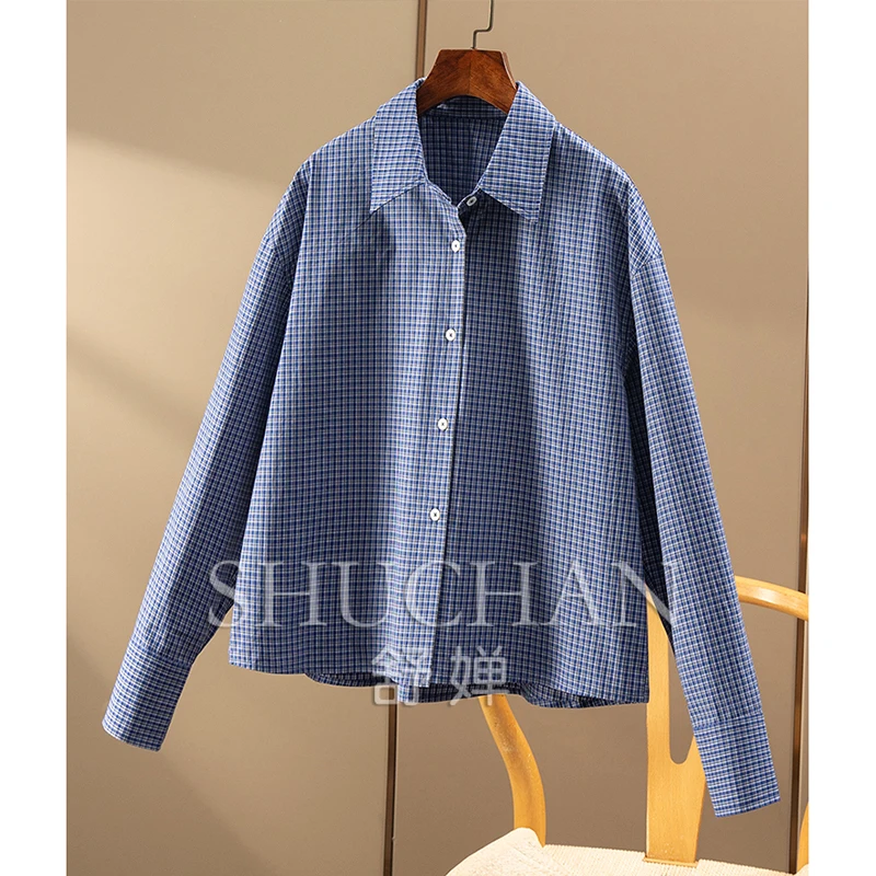 High Waist Perfect Match High-end Classic Fashion Plaid Pure Cotton Long-sleeved Short Shirt Women 4W34