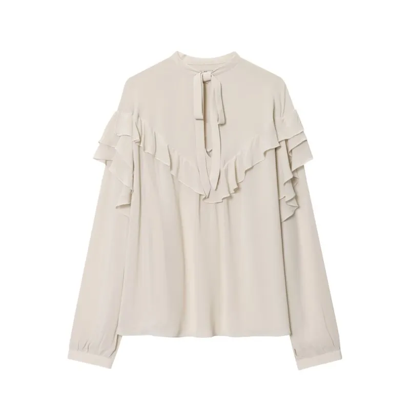 HipSeam Women Ruffled Blouse with Bow Autumn V Neck Long Sleeve Straight Hem Women's Shirt & Blouses Female Chic Tops