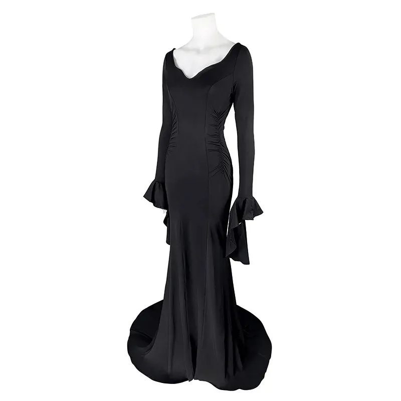 

qq38Wednesday Аддамс Косплей Костюм Парик Morticia Черный Сексуальный Up Тонкий Вечернее Платье Disfraz Хэллоуин Ведьма Платья W