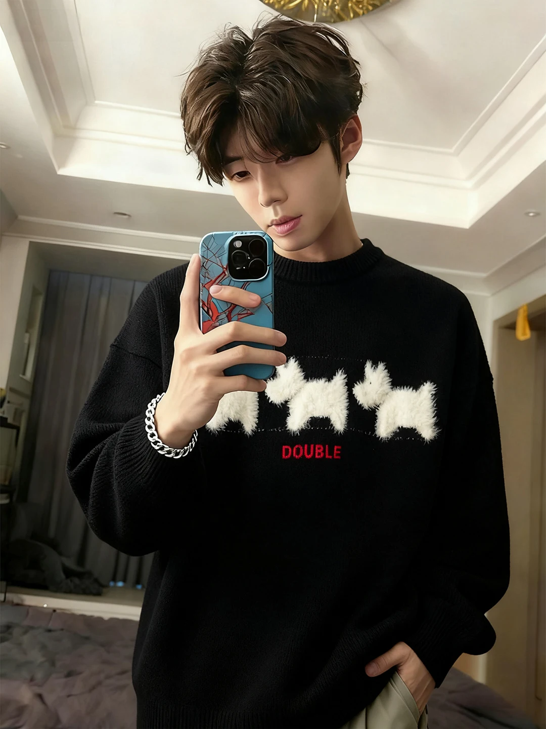 

Мужской вязаный свитер Cleanfit, черный базовый слой в американском стиле, плотный, с принтом собаки, с длинным рукавом, круглый вырез горловины