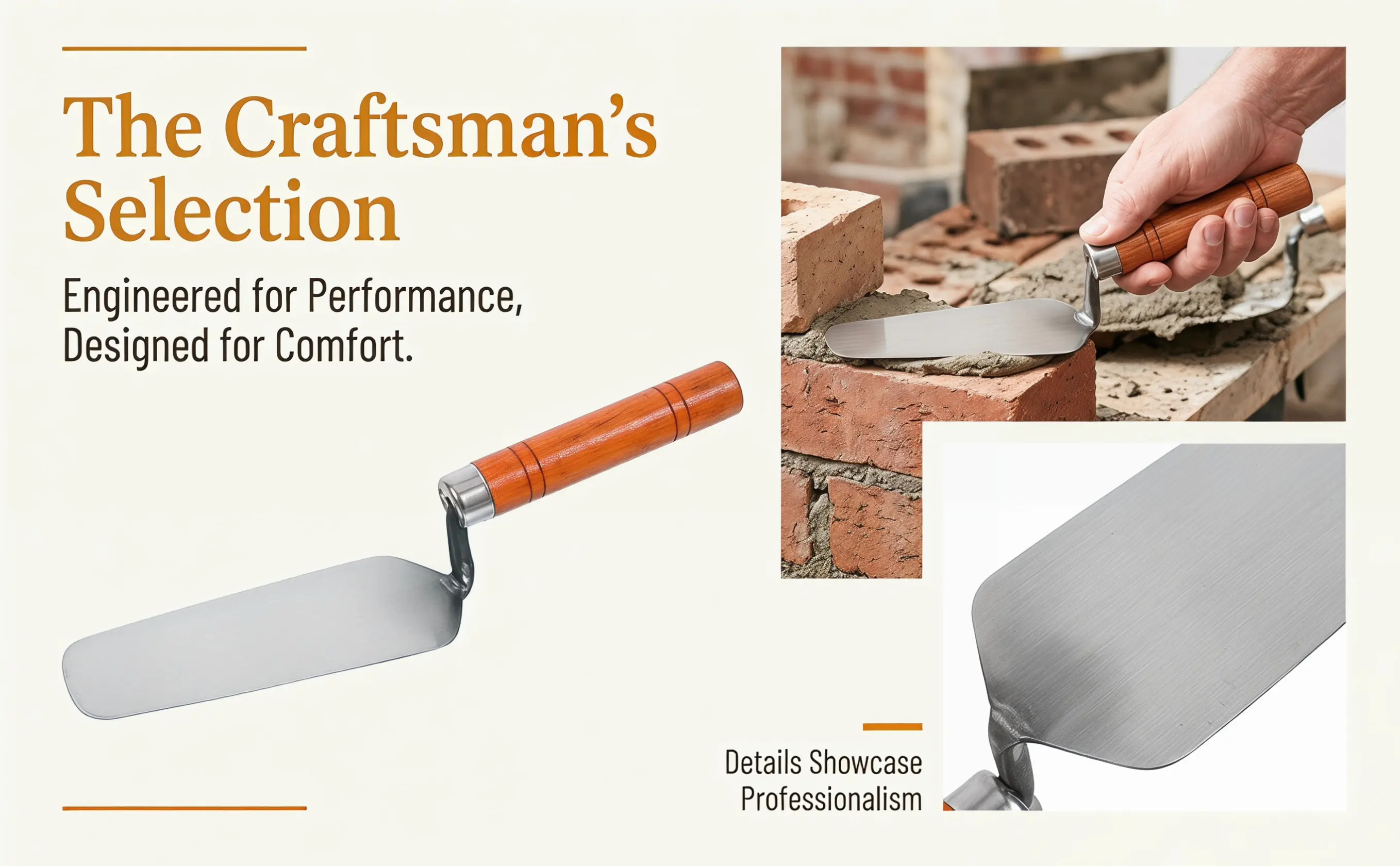 Masonry Trowel Wood Handle High Hardness Stainless Steel Flat Plastering Trowel for Tile Masonry Cement Application