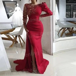 2025 Graceful Red Mermaid Women's Evening Dresses Customized Long Sleeve Appliques Prom Gowns O Neck Vestido De Gala Noche Mujer