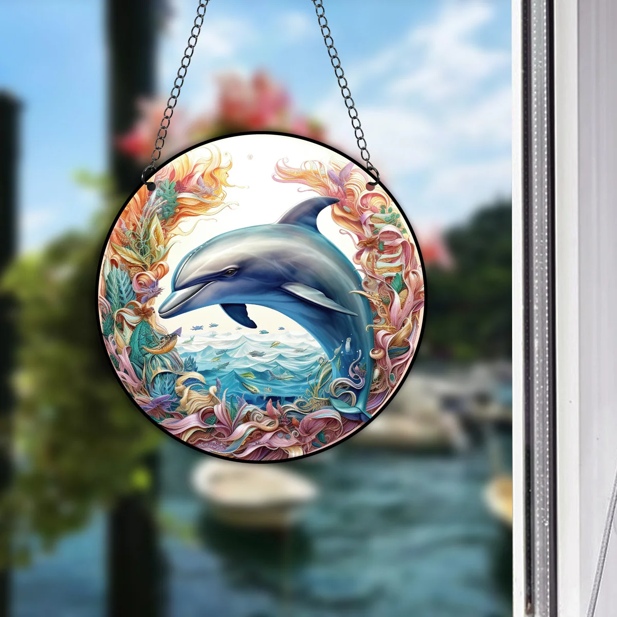 1PC Dolphins Wall Art Decor Round Hanging Sign Decorative Indoor Outdoor Window Acrylic Welcome Plate Pendant Decoration