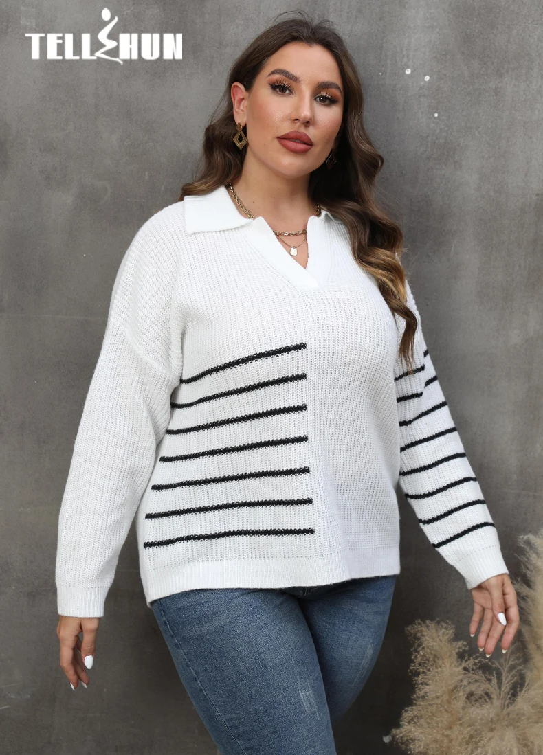 Striped Polo Neck Autumn Winter Pullover Sweater Women\'s Sweatshirt Loose Casual Warm Sweater Fashion Clothing Tops PLus Size