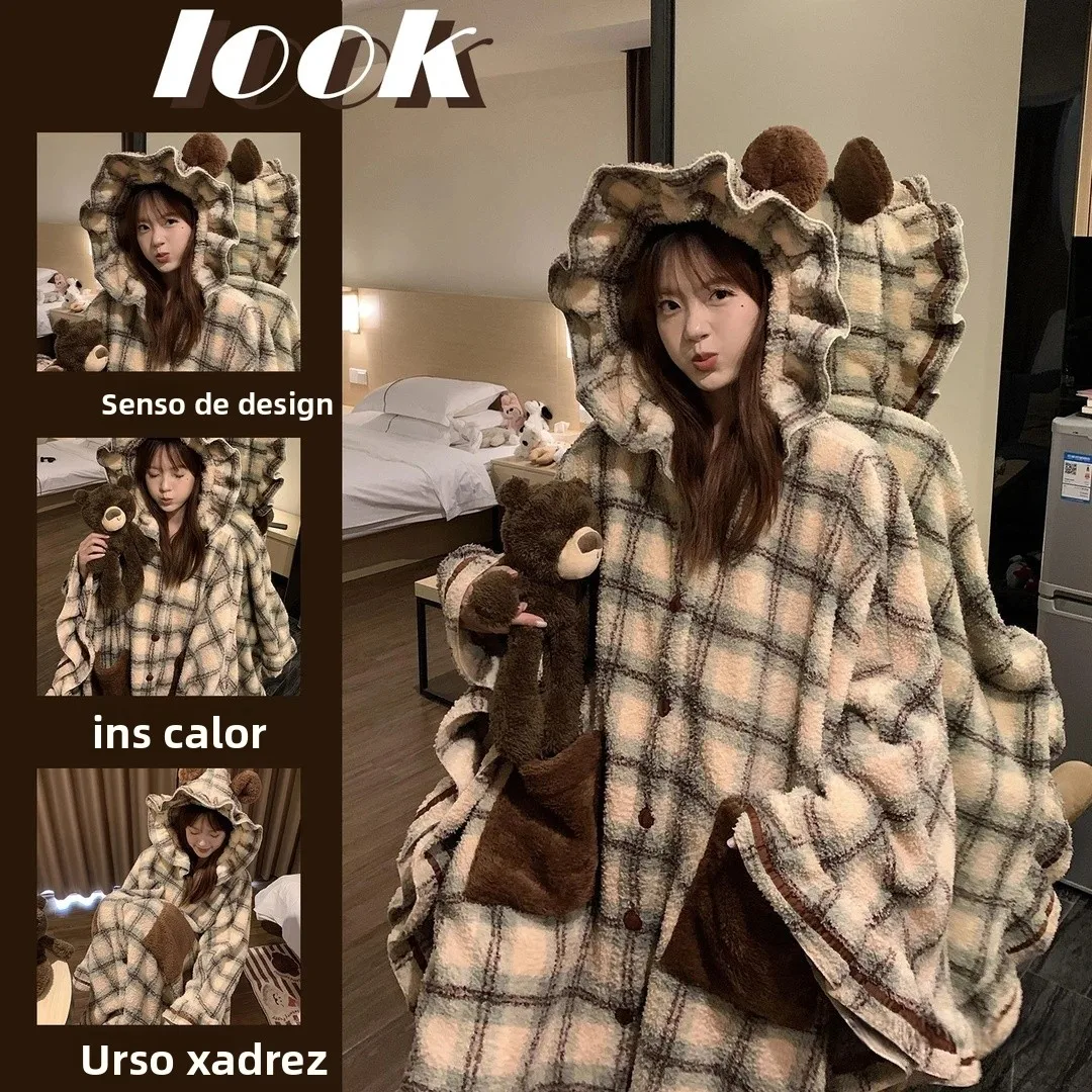 cute-plaid-coral-fleece-women's-sleepwear-thickened-home-clothes-robe-set-autumn-winter-new-style-warmth-bear-print-polyester