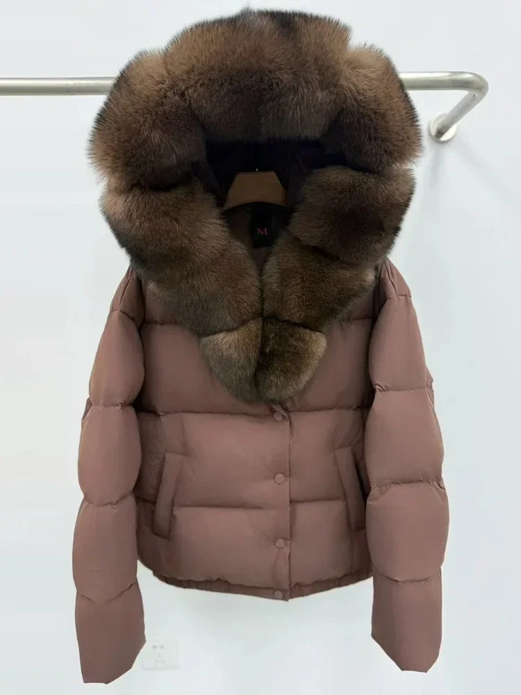 OFTBUY Short Puffer JacketFluffy fur white Goose Down Coat Women New Winter Down Jacket Real Natural Fox Fur Thick Warm
