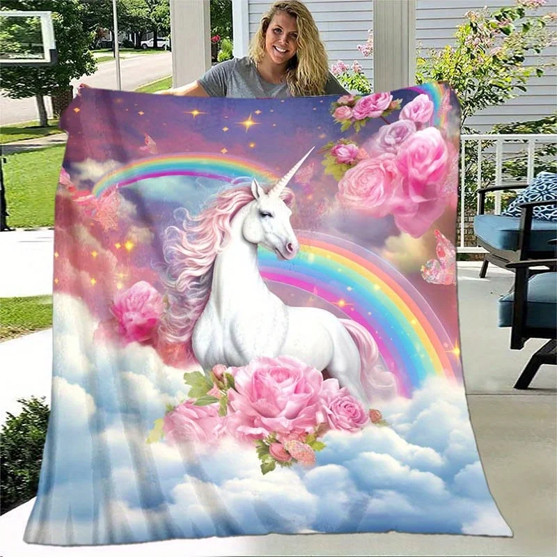 Elegant Rainbow Unicorn Throw - Tear-Resistant, Soft Flannel All-Season Blanket for Home, Travel & Camping