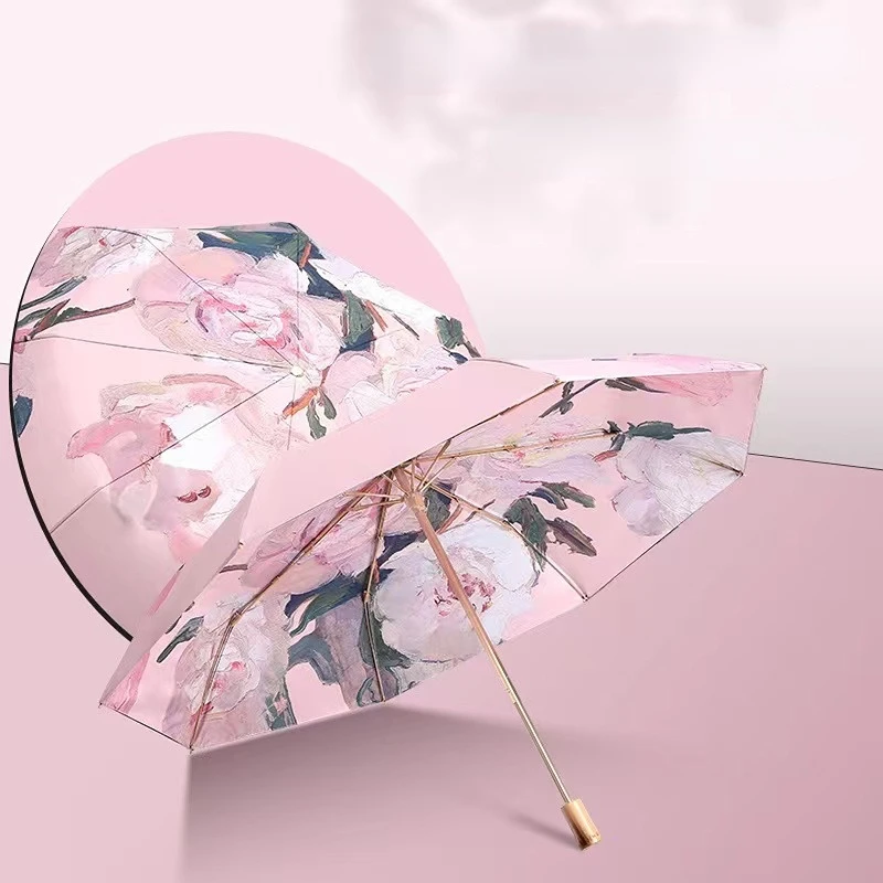 Double-sided  Rubber Oil Painting Umbrella Three-fold Anti-ultraviolet Sun Umbrella Portable Dual-purpose Umbrella