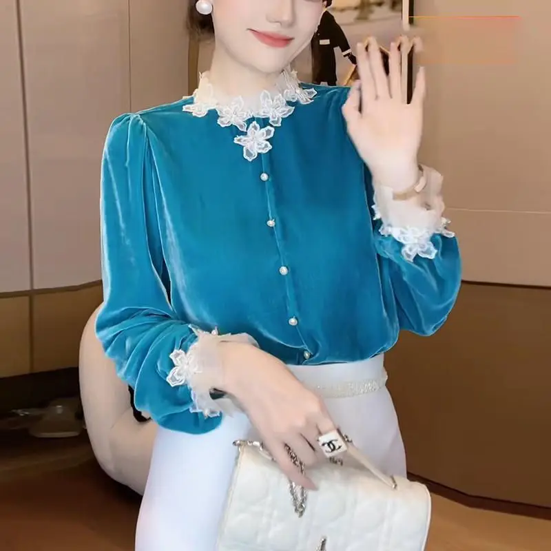 

Весенняя новая французская рубашка с длинными рукавами в западном стиле, кружевная рубашка с воротником-стойкой, модный новый золотой бархатный топ TT432