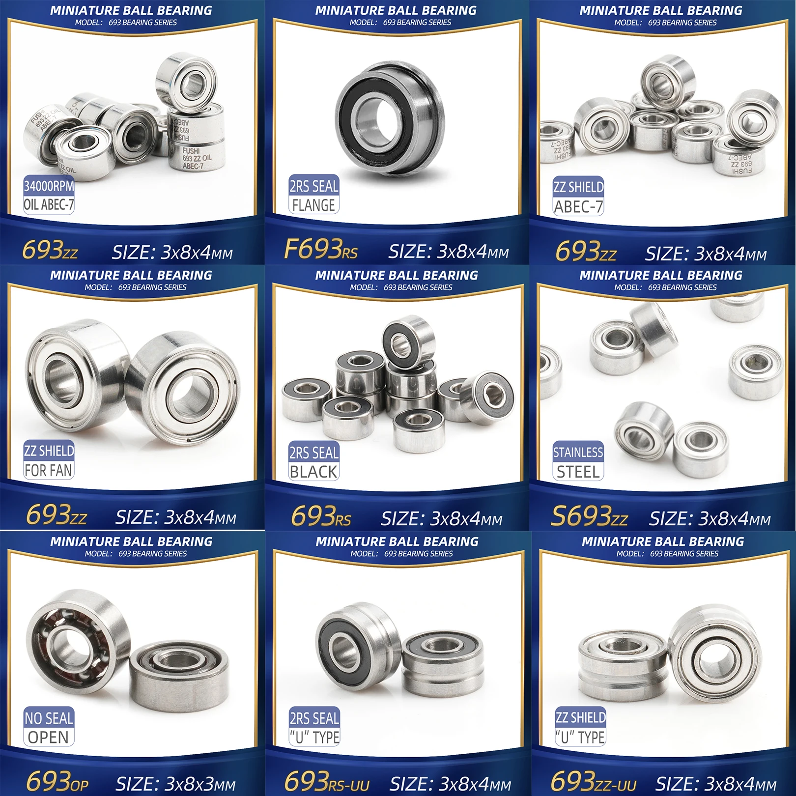 FUSHI 693 Lager 3x8x4 mm 10 Stück Stahl/Keramik Hybrid ZZ/RS/OPEN für starke Industriemotoren, hohe Geschwindigkeit, korrosionsbeständig