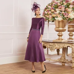 Satin Mother Of The Bride Dresses 2022 3/4 Sleeves O-Neck Simple Evening Party Dress A-Line Beaded Tea Length Wedding Guest Gown