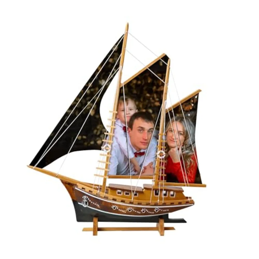 

Personalized sail-printed handmade wooden ship model for nautical home decoration, natural wood tone, intricate maritime detail