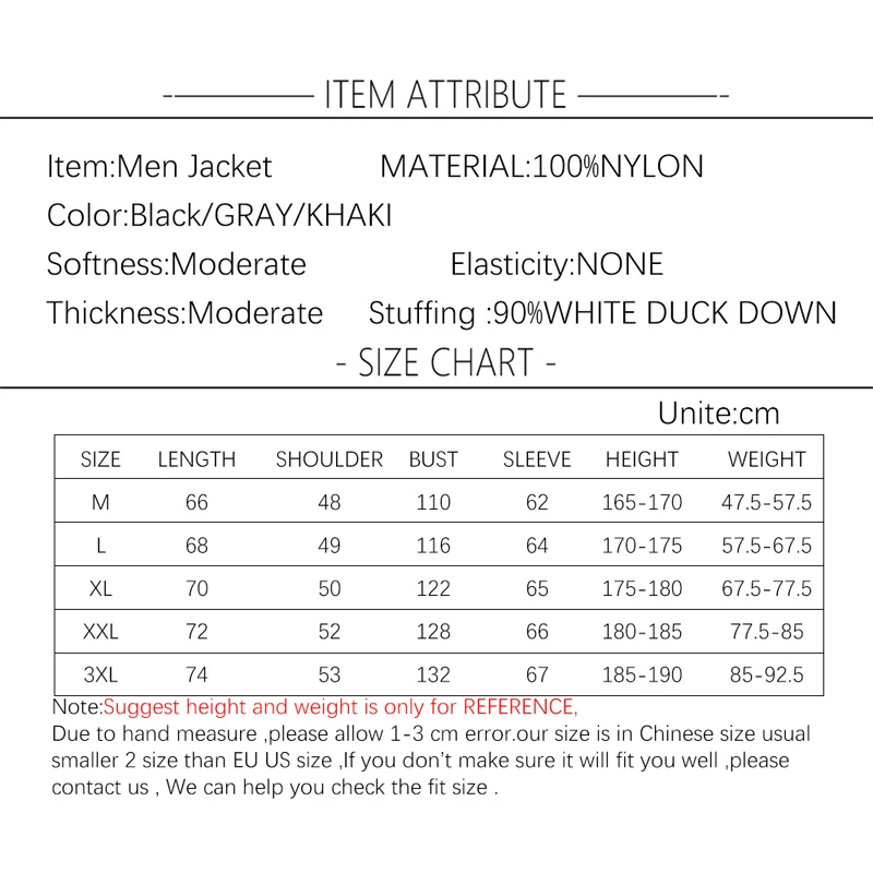 New Arrival 90% White Duck Down Jackets Winter Fashion Stand Collar Slim Fit Parkas Casual Solid Color Man Winter Jacket