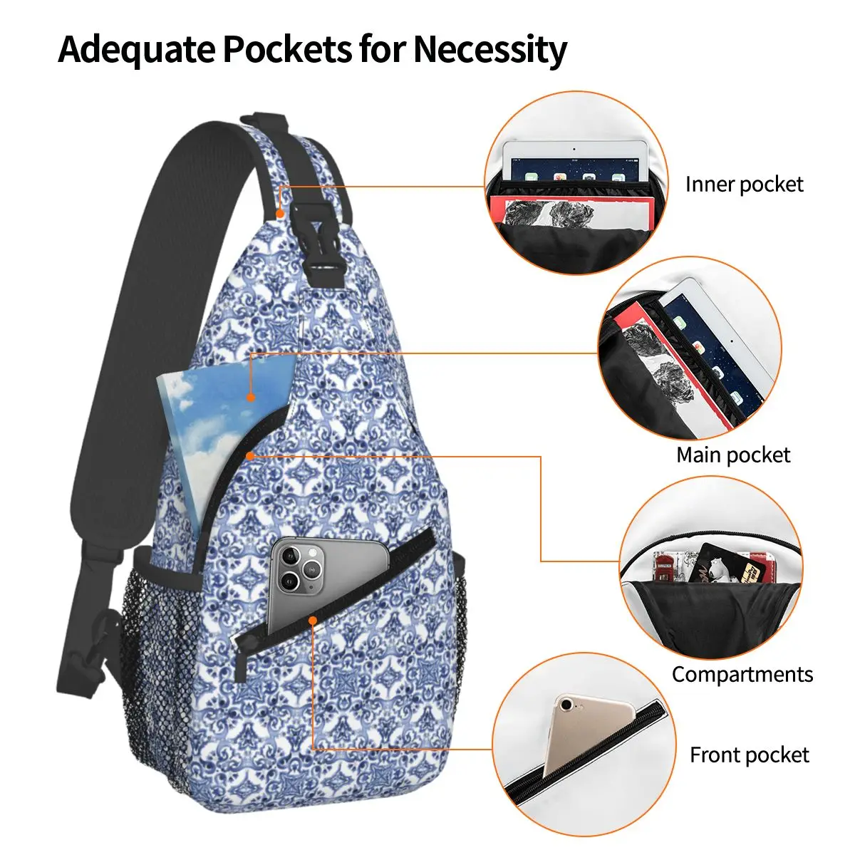 Azul ornamentado floral mediterrâneo siciliano telha saco de peito dos homens estilingue crossbody mochila saco de peito caminhadas daypack bolsa de ombro