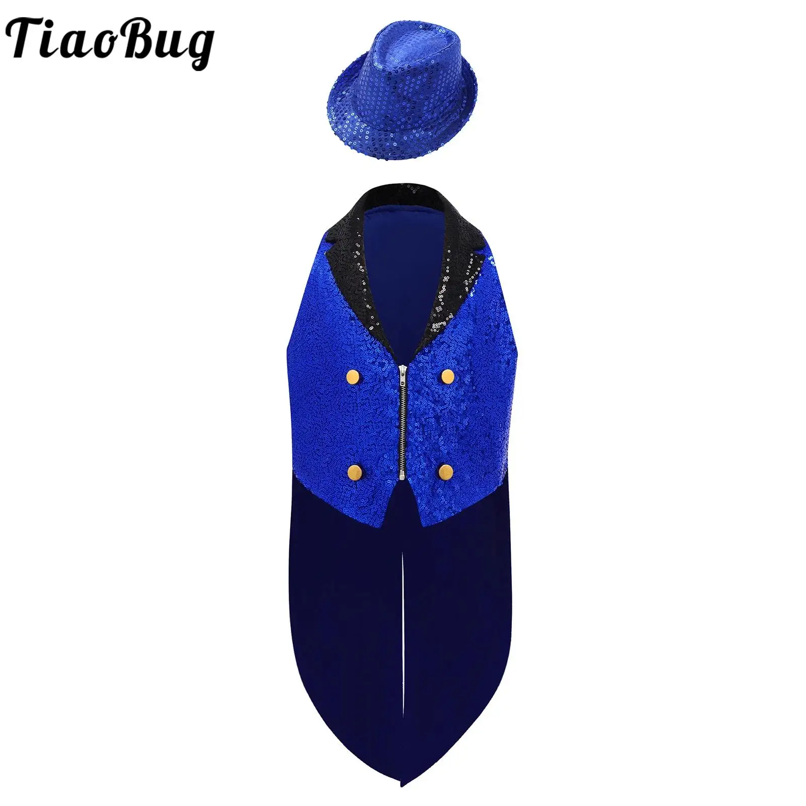 

Kids Boys Sequins Tailcoat Jacket Set Magic Shows Jazz Dance Performance Costume Party Blazer Tuxedo Coat with Hat Circus Outfit