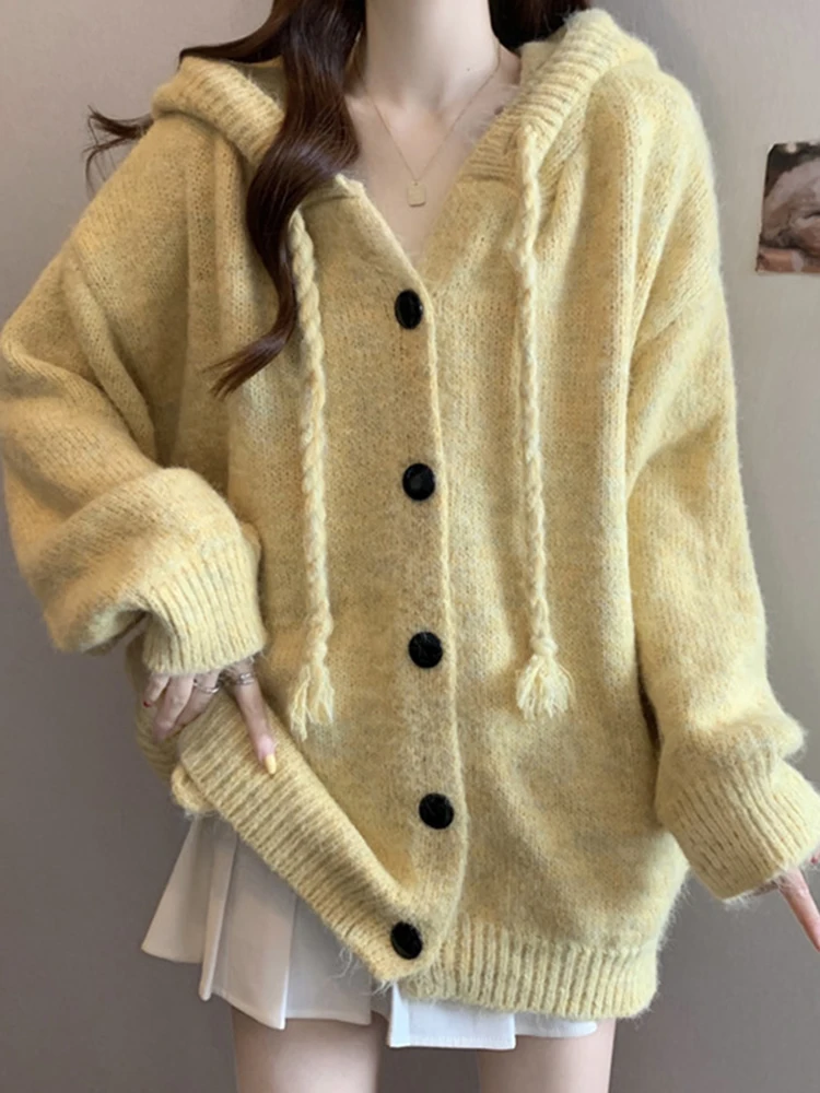 

Корейский свободный вязаный кардиган на одной пуговице с капюшоном для женщин, весенняя новинка, модный топ