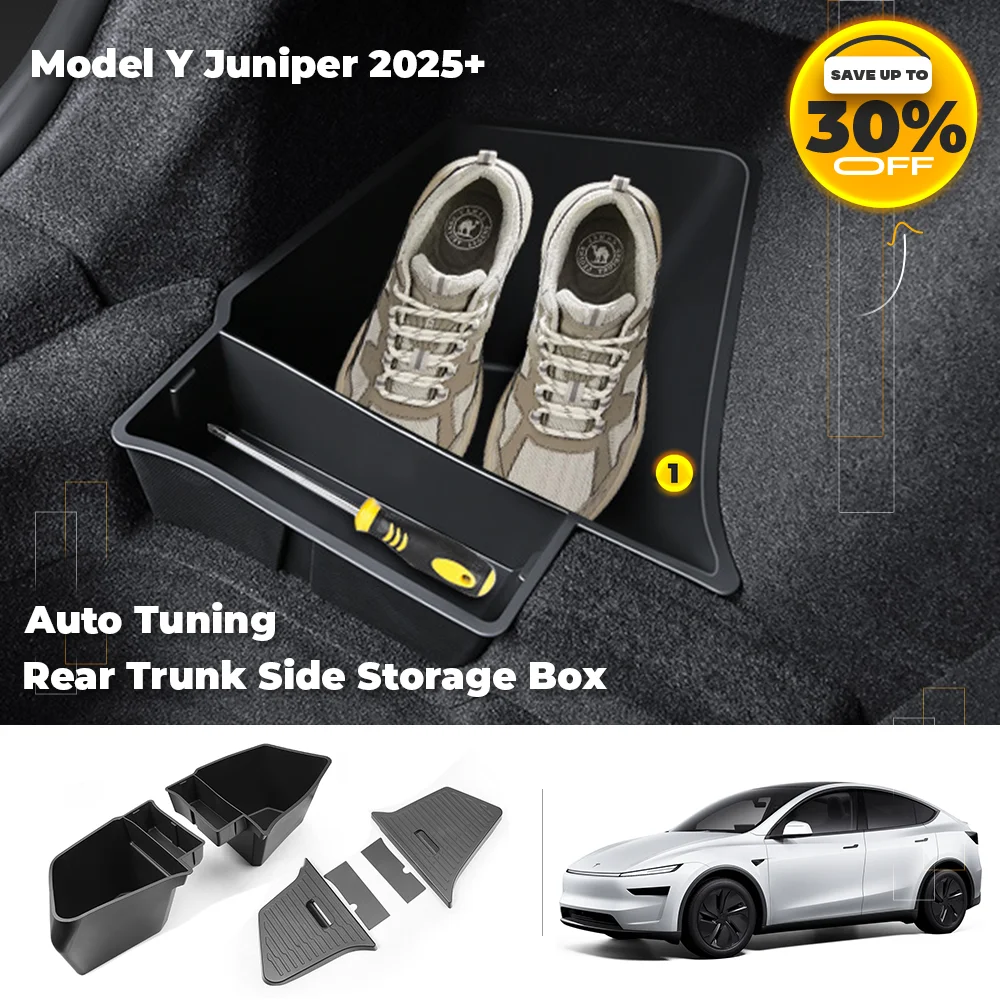 

2025 Hot Sale For Tesla Model Y Juniper Trunk Organizer, TPE Flocking Mat Side Storage Box with Cover, Left/Right Cargo Bins