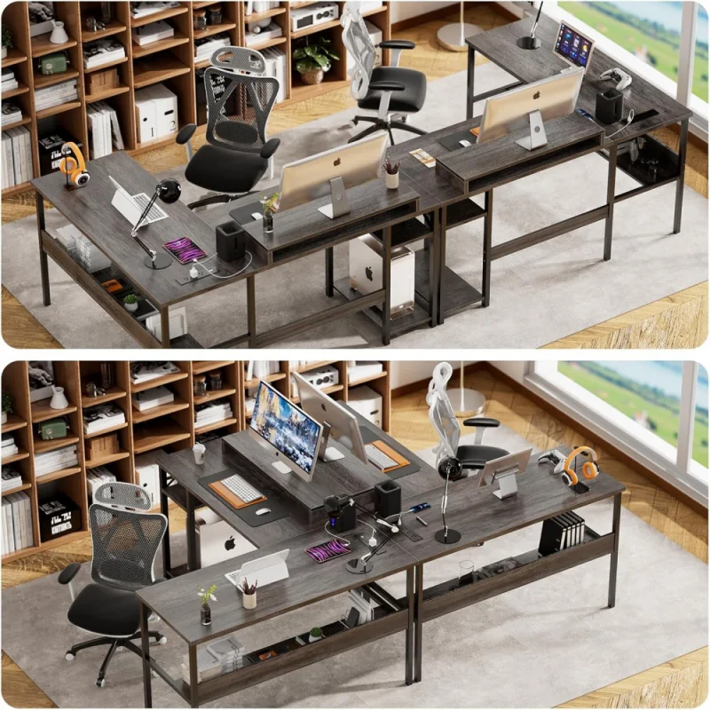 Reversible L Shaped Desk with Power Outlets and RGB LED Light, Sturdy Computer Desk with Ergonomic Monitor Stand and Storage