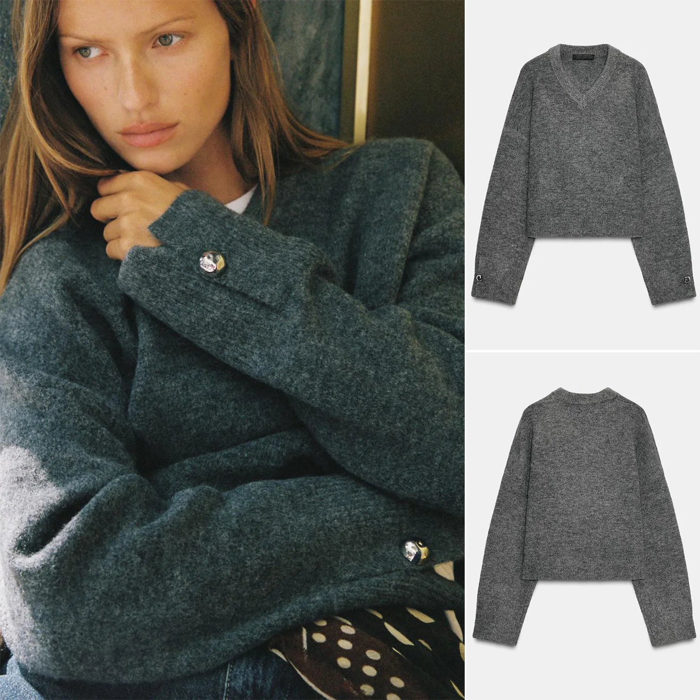 

Winter New Women's mat Design V-Ne Long Sve Soft Knitted Button-Up Top Polyester Fiber Loose Fit Casual Sle