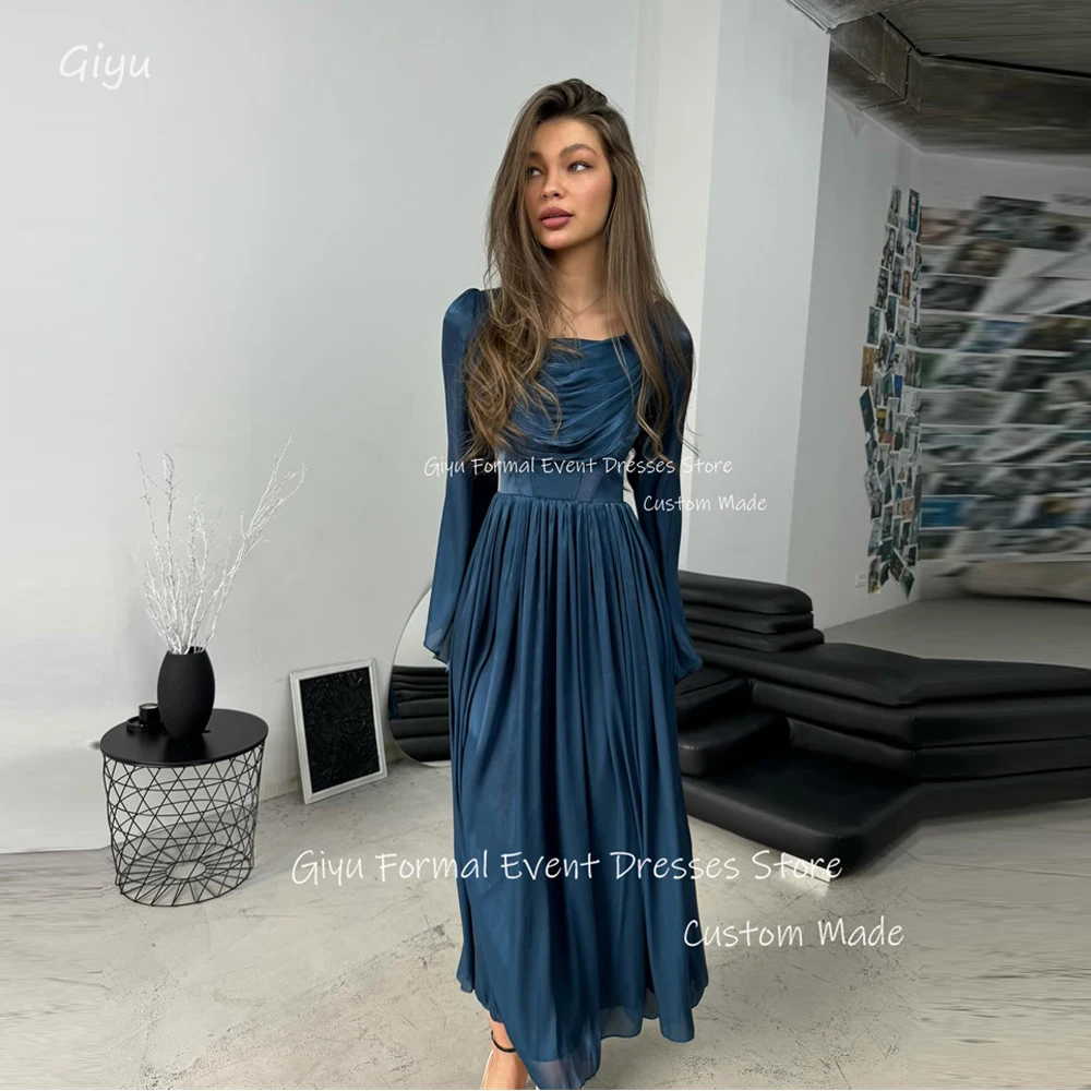 

Giyu Vintgae Dark Blue Silk Evening Dresses Long Sleeves Pleats Floor Length Formal Occasion Party Dress Prom Gowns Custom