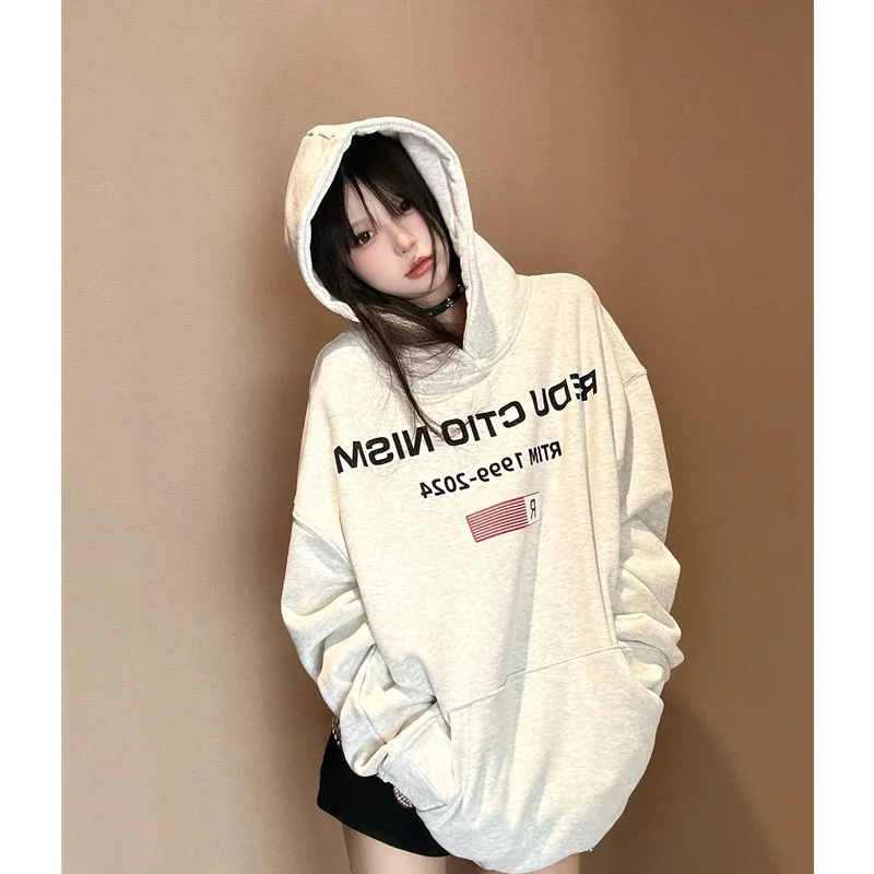 White Gray Womens Clothing Vintage Street Sweatshirt Y2K Letter Pattern Hoodie Pullover Long Sleeves Warm Oversize Ladies Tops